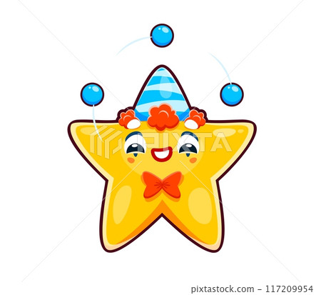 Cartoon kawaii star clown character juggling balls, vector cute emoji emoticon. Funny circus star emoji or kawaii emoticon in clown hat, wig and bowtie juggle balls for tricks with happy smile 117209954