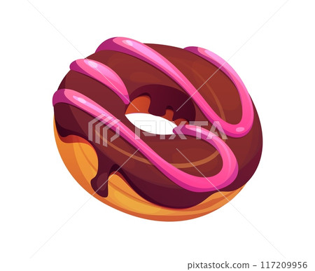 Cartoon donut, fast food treat. Isolated vector luscious chocolate doughnut drizzled with pink icing. Decadent bakery, confection or pastry combines rich cocoa flavor with a sweet, colorful topping 117209956
