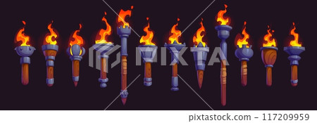 Medieval fire torch, game asset. Cartoon vector ancient burning brands with wooden handles and metal holders at the top, emitting vibrant flames. Isolated gui flaming torchlight or lighting flambeau 117209959