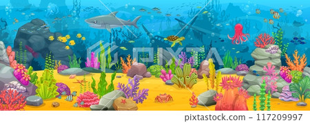 Game map, cartoon underwater landscape with sunken ship, sea animals, corals and seaweeds. Vector undersea world background with tropical ocean bottom, shipwreck, fishes, marine aquatic game scene 117209997