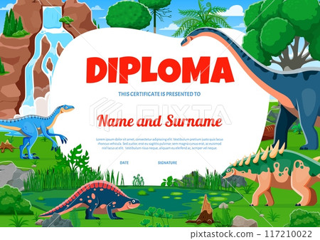 Kids diploma with funny prehistoric dinosaurs characters. Vector school or kindergarten certificate with cartoon dino, Jurassic reptile animal personages. Paleontology classes award frame for children Kids diploma with funny prehistoric dinosaurs characters. Vector school or kindergarten certificate with cartoon dino, Jurassic reptile animal personages. Paleontology classes award frame for children 117210022