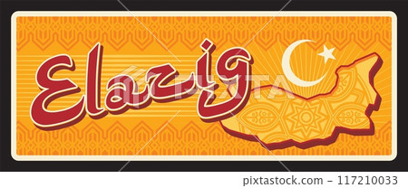 Elazig Central East Anatolia region of Turkiye, Turkish il plaque with Turkish map, crescent moon and star. Vector travel plate, vintage sign, retro postcard design. Destination sign with ornaments Elazig Central East Anatolia region of Turkiye, Turkish il plaque with Turkish map, crescent moon and star. Vector travel plate, vintage sign, retro postcard design. Destination sign with ornaments 117210033