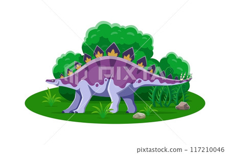 Dravidosaurus prehistoric dinosaur cartoon character. Isolated vector herbivore ancient reptile dino animal with spiked back in natural environment with green plants. Late Cretaceous era lizard 117210046