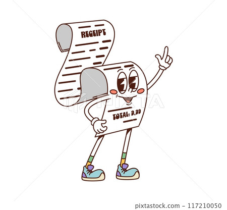 Retro groovy purchase receipt finance character. Isolated vector playful y2k total price paper scroll, financial bill, shopping check personage with big eyes and sneakers flashing pointing gesture 117210050