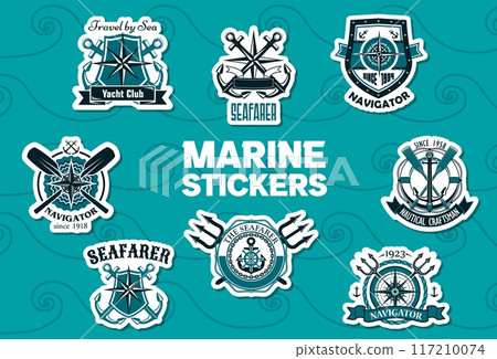Marine stickers featuring nautical symbols like anchors, compasses, oars, tridents and ship steering wheels. Vector set of decorative patches, adhesive decals for navigator, seafarer, yacht club Marine stickers featuring nautical symbols like anchors, compasses, oars, tridents and ship steering wheels. Vector set of decorative patches, adhesive decals for navigator, seafarer, yacht club 117210074