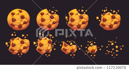 Crumble biscuit cookie animated sprite. Cartoon vector crunchy dessert with chocolate chips whole and bitten disappear animation. Isolated homemade bakery pieces, 2d gui elements sequence frame Crumble biscuit cookie animated sprite. Cartoon vector crunchy dessert with chocolate chips whole and bitten disappear animation. Isolated homemade bakery pieces, 2d gui elements sequence frame 117210078