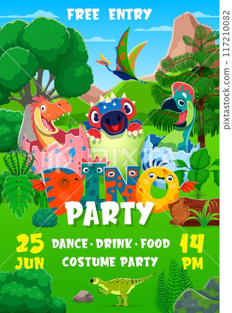 Dino kids in egg shell, party flyer. Vector holiday invitation poster template with cute cartoon prehistoric dinosaur baby characters hatching from the eggshells on tropical landscape background 117210082