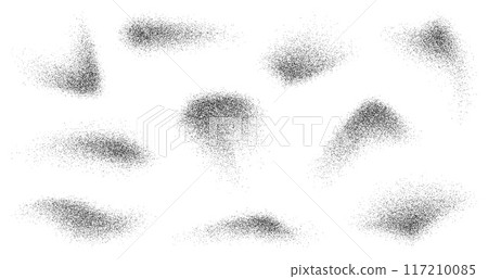 Grain paint spray noise or dust brush and black sand particles, vector abstract shape effects. Paint airbrush wavy sprays in graffiti ink style with grain noise texture of black dots and grainy dust 117210085