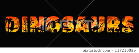 Dinosaurs jungle sunset silhouettes. Vector word dinosaurs filled with dino species against a dusk jungle backdrop with trees, flying pterosaurs and prehistoric flora, in warm orange and yellow huesV 117210089