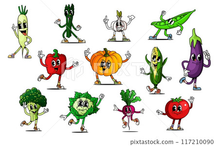 Cartoon groovy vegetable characters vector set. Radish, broccoli, bell pepper, cabbage and pumpkin, asparagus, garlic, pea, corn and eggplant with tomato. Healthy veg food personages exude funky vibes 117210090