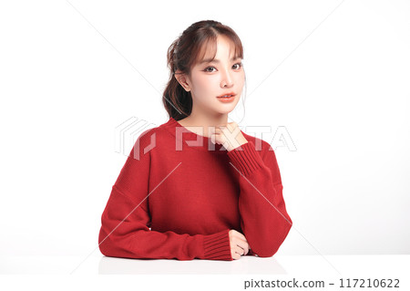Beautiful young asian woman with clean fresh skin on white background, Face care, Facial treatment, Cosmetology, beauty and spa, Asian women portrait. 117210622