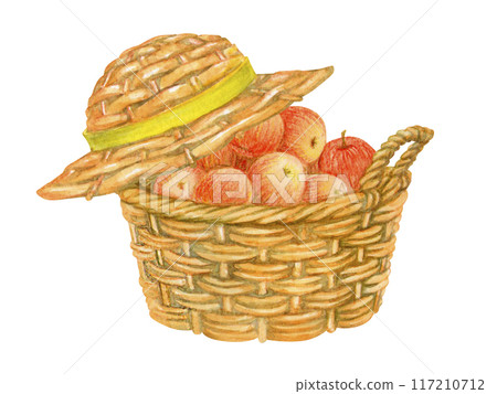 Wicker basket full of apples, covered with hat on one side. Harvest. Watercolor garden clipart of fruit basket for postcard, textile, packaging. Isolated hand drawn illustration for sticker or label 117210712
