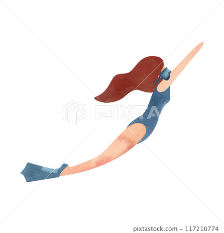 A woman swims underwater in fins and a mask. Watercolor isolated illustration for the design of diplomas and sports certificates, advertising of swimming pools, competitions and resorts. 117210774