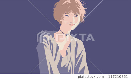 a young beautiful Asian woman with short hair wearing necklace in a violet dress is smiling happily 117210861