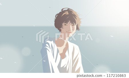 a beautiful Asian woman with short hair in a white dress is smiling happily at the beach with the sea horizon in the background 117210863