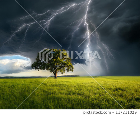 Pitch black clouds, lightning and a single tree 117211029