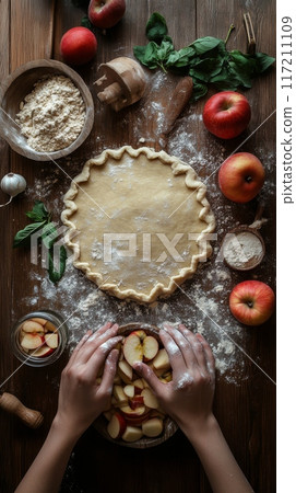Hands rolling dough for apple pie, surrounded by ingredients. Fall season, cooking. Vertical banner 117211109