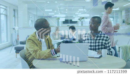 Image of financial data processing over diverse business people in office 117211399