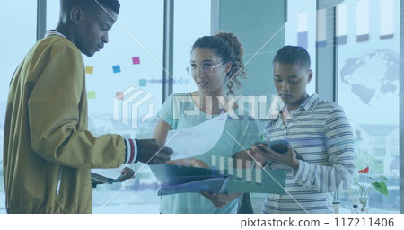 Image of financial data processing over diverse business people in office Image of financial data processing over diverse business people in office 117211406