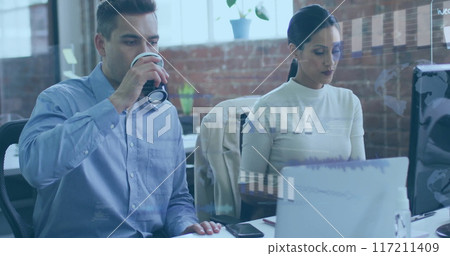 Image of financial data processing over diverse business people in office Image of financial data processing over diverse business people in office 117211409