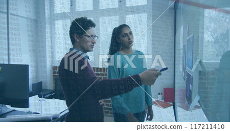 Image of financial data processing over diverse business people in office Image of financial data processing over diverse business people in office 117211410