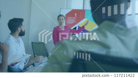 Image of financial data processing over diverse business people in office 117211422