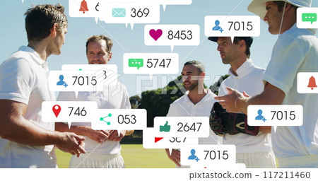 Image of social media icons with growing numbers over diverse male cricket players 117211460