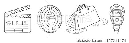 Film clapperboard, reel, sand bag and stopwatch illustrations in black and white outline. 117211474