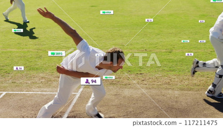 Image of social media icons with growing numbers over diverse male cricket players 117211475