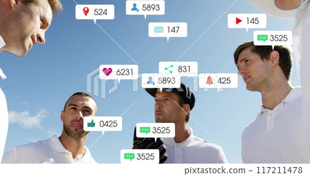 Image of social media icons with growing numbers over diverse male cricket players Image of social media icons with growing numbers over diverse male cricket players 117211478