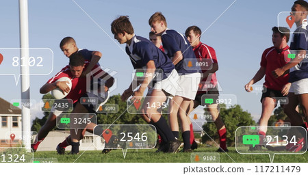 Image of social media icons with growing numbers over diverse male rugby players 117211479