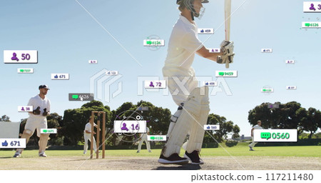 Image of social media icons with growing numbers over diverse male cricket players 117211480