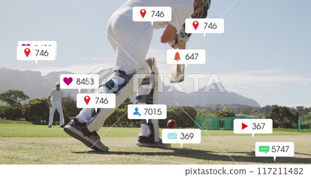 Image of social media icons with growing numbers over diverse male cricket players 117211482