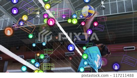 Image of social media icons with speech bubbles over diverse female volleyball players Image of social media icons with speech bubbles over diverse female volleyball players 117211488