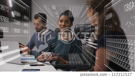 Business meeting with data processing image over diverse colleagues discussing Business meeting with data processing image over diverse colleagues discussing 117211527