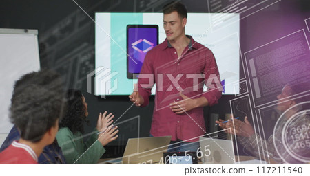 Presenting data and discussing, business team in meeting room with image of numbers Presenting data and discussing, business team in meeting room with image of numbers 117211540