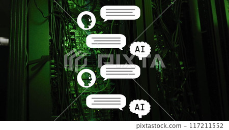 AI conversation bubbles image over server room with green lighting 117211552