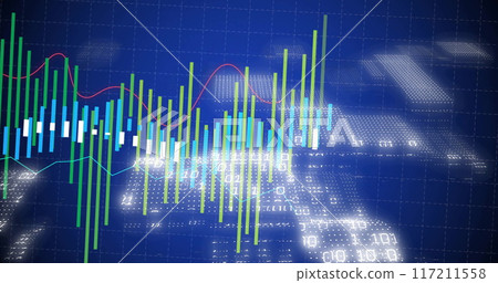 Financial data and stock market image over digital world map background 117211558