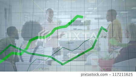 Image of financial data processing over diverse colleagues having meeting in office 117211625