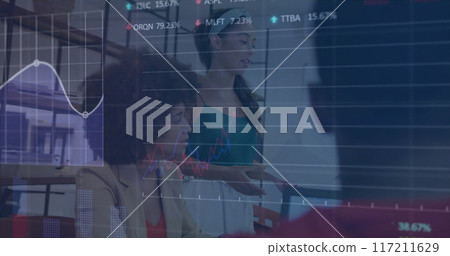 Image of financial data processing over diverse colleagues having meeting in office 117211629