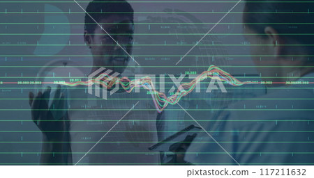Image of financial data processing over diverse colleagues discussing work in office 117211632
