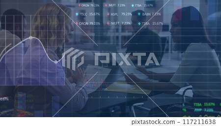 Image of financial data processing over diverse colleagues having meeting in office 117211638