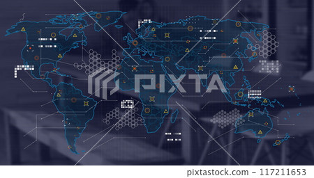 Image of financial data processing and world map over desk in office Image of financial data processing and world map over desk in office 117211653