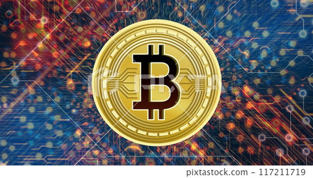 Image of rotating bitcoin over data transferring through motherboard 117211719