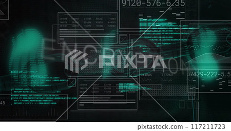 Image of encryption text and chain over data processing on dark interface screens Image of encryption text and chain over data processing on dark interface screens 117211723