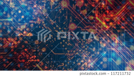 Image of glowing data transferring across motherboard network Image of glowing data transferring across motherboard network 117211732