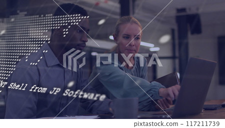 Image of financial data processing over diverse business people in office 117211739