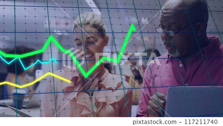 Image of financial data processing over diverse business people in office Image of financial data processing over diverse business people in office 117211740