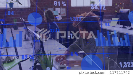 Image of financial data processing over diverse business people in office 117211742