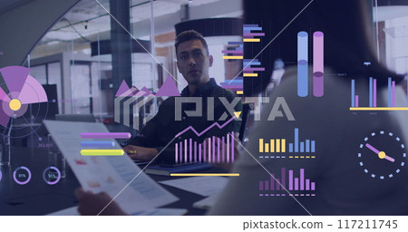 Image of financial data processing over diverse business people in office 117211745